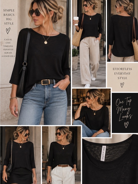 Dear Scarlett Tops - Women's Black Boatneck Pullover no-iron